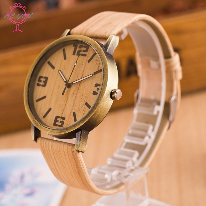 Đồng hồ quartz mặt gỗ dây da phong cách vintage
