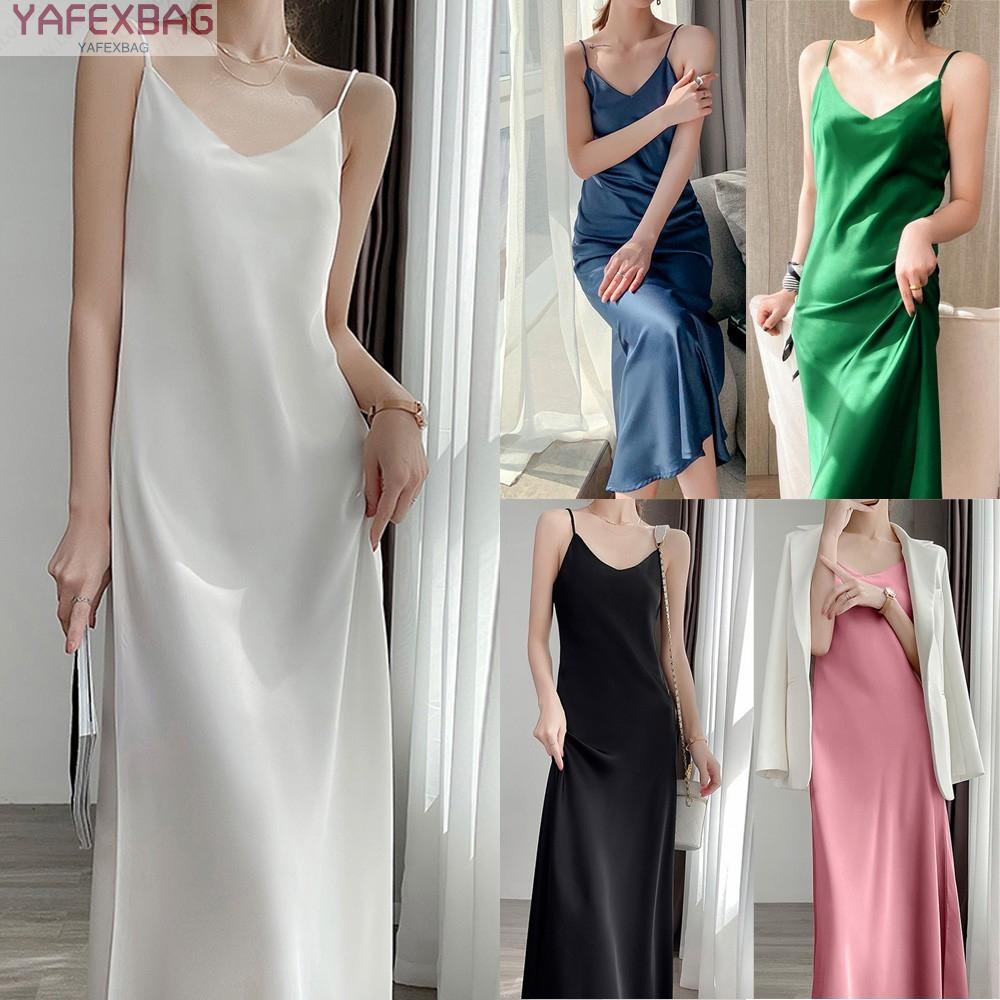 Womens Sexy Cami V Neck Satin Faux Silk Long Dress Evening Paty Club Cocktail High Quality