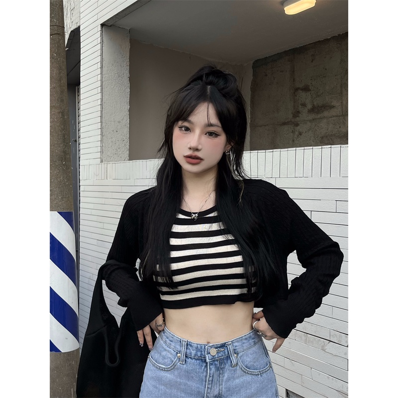 Kumikumi HUANG YOYO Áo Croptop Set Áo Hai Dây + Áo Khoác cardigan Dệt Kim Thời Trang Nữ Áo croptop