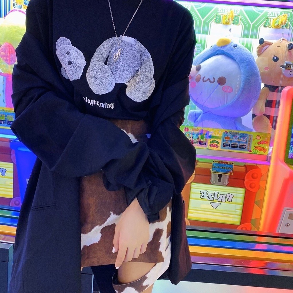 Áo thun nữ PALM ANGELS BEAR Phiên Bản Màu Tối ,áo thun tay lỡ cá tính lạ chất hè oversize-BLACK56