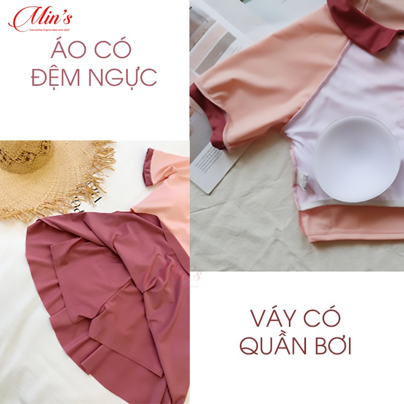 Đồ Bơi Nữ Đẹp Đi Tắm Biển Áo Croptop Cổ Bẻ Váy Có Kèm Quần 2 Màu Xanh, Hồng MIN Bikini | BigBuy360 - bigbuy360.vn