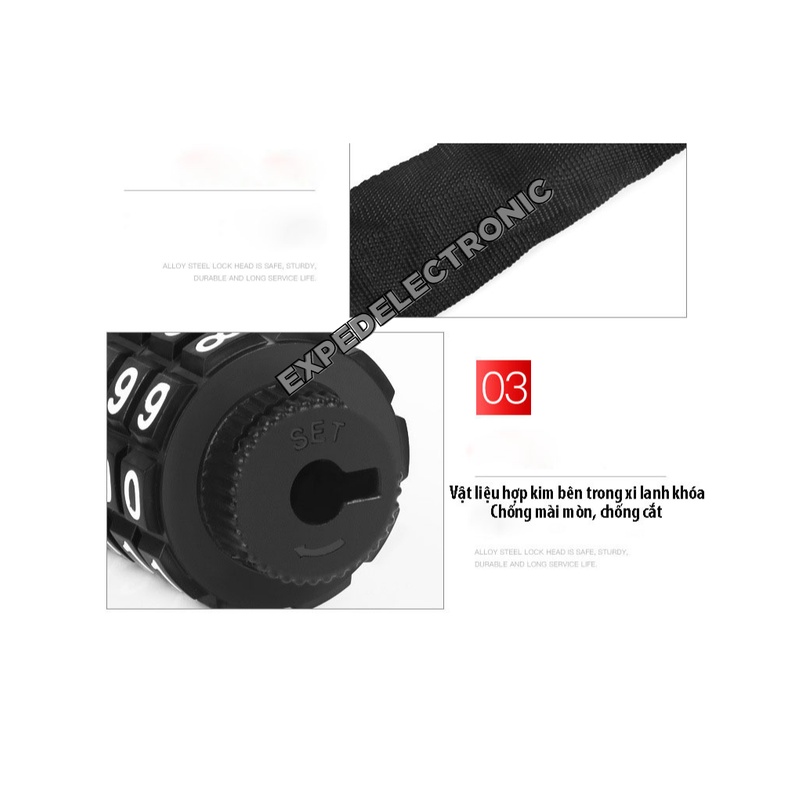 Khóa dây xích mật mã 5 số chống trộm chống cắt cho xe máy xe đạp dây cao cấp chống gỉ bọc lớp vải ngoài