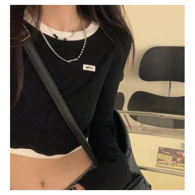 Áo Thun Tay Dài Cổ Tròn Màu Sắc Tương Phản Thời Trang Cho Nữ