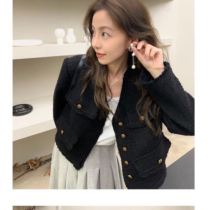 ÁO DẠ TWEED ĐEN DÁNG NGẮN - ÁO KHOÁC NỮ THU ĐÔNG