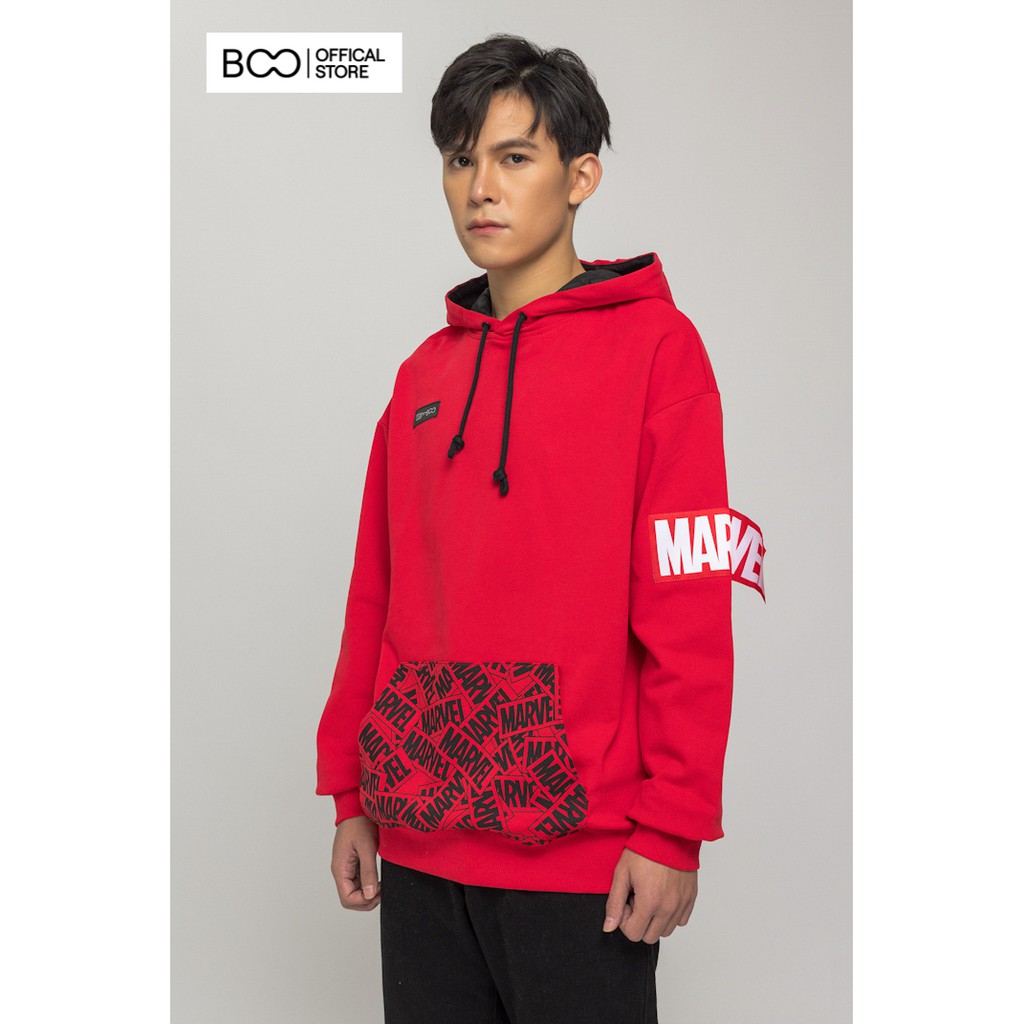 Áo hoodie nam BOO nỉ có mũ dáng loose túi chéo in logo Marvel