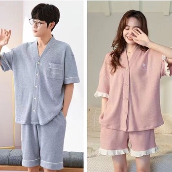 Bộ Đồ Ngủ Cotton Màu Trơn Phong Cách Nhật Bản Thời Trang Mùa Hè Cho Cặp Đôi