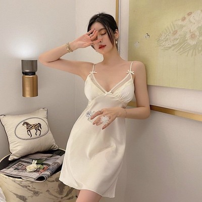 Váy Ngủ Hai Dây Lụa Satin Phối Ren Hisexy MD94
