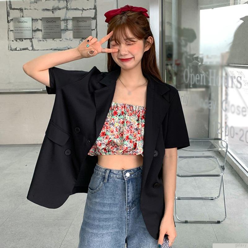 Áo khoác blazer tay ngắn dáng rộng màu sắc đơn giản thời trang công sở cho nữ