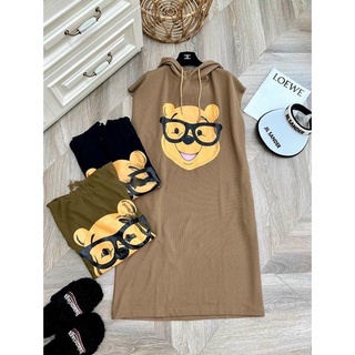 Váy sát nách hình gấu có mũ, form rộng, Váy Len Pooh sát nách cực xinh