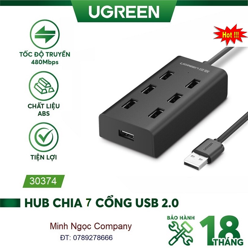 Bộ chia USB 2.0 ra 7 cổng, hỗ trợ mở rộng cổng USB 2.0 cho máy tính, laptop, dài 1m Ugreen 30374 CR133 - Hàng Chính Hãng