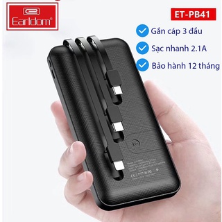 Pin sạc dự phòng chính hãng Earldom ET-PB41 dung lượng 10000mAh, gắn cáp 3 đầu tiện lợi, hỗ trợ sạc nhanh 2.1A