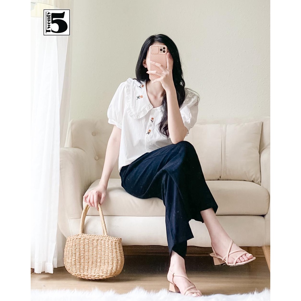 Áo sơ mi nữ vintage thêu hoa viền cổ sen viền bèo điệu đà Twentyfive 4129