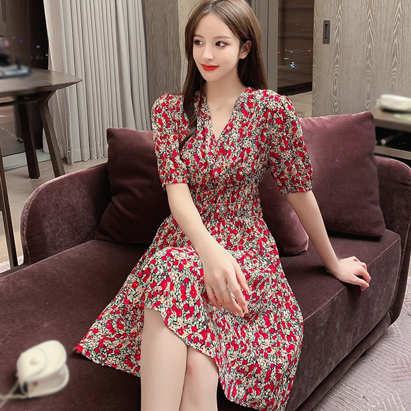 Đầm Chữ A Tay Ngắn Cổ Chữ V In Hoa Thời Trang Mùa Hè