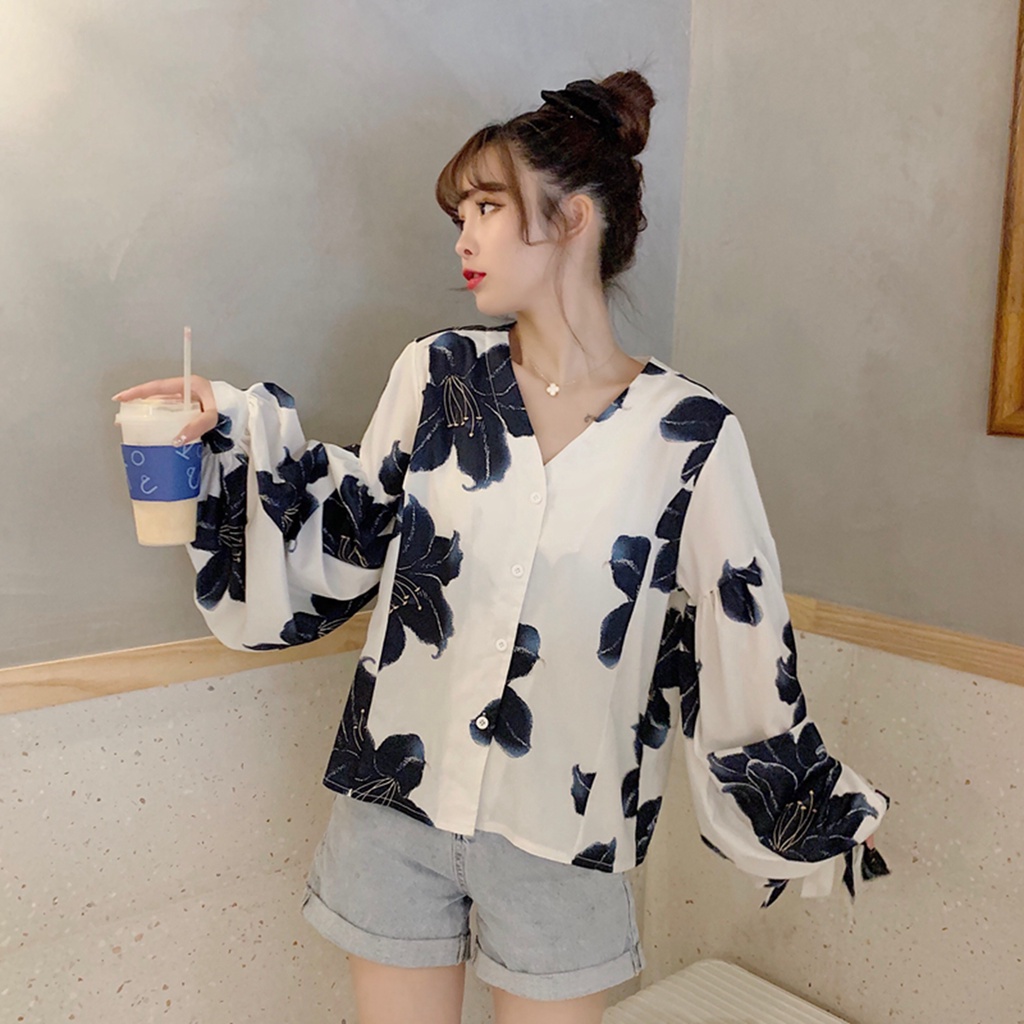 SUXI Áo Kiểu Tay Phồng Dài Cổ Chữ V Form Rộng Phong Cách Vintage