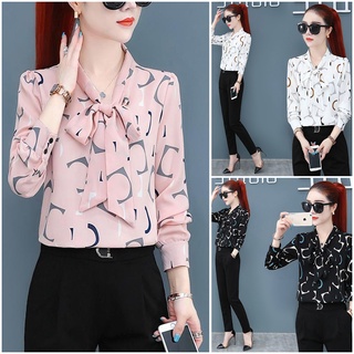 Áo sơ mi chiffon tay dài in họa tiết thời trang cho phụ nữ trung niên