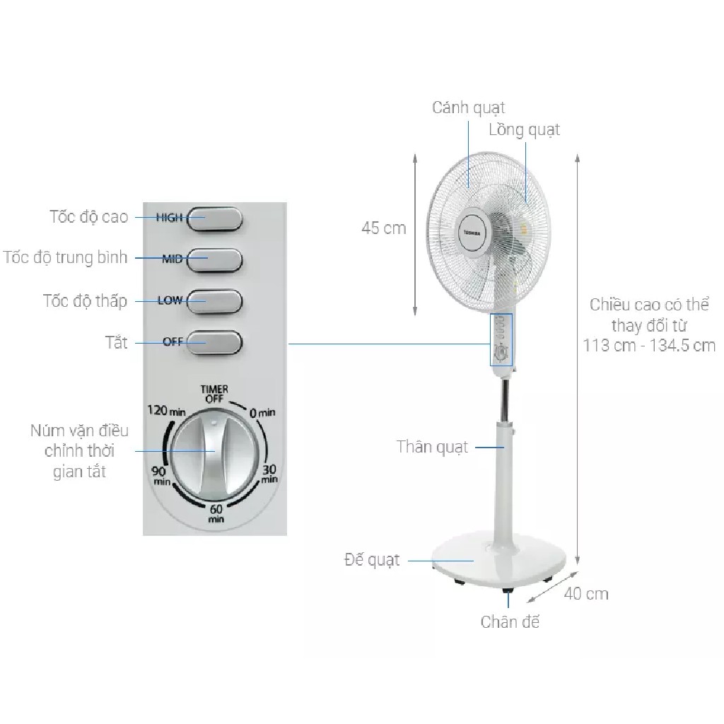 Quạt đứng Toshiba F-LSA10VN Xám Trắng