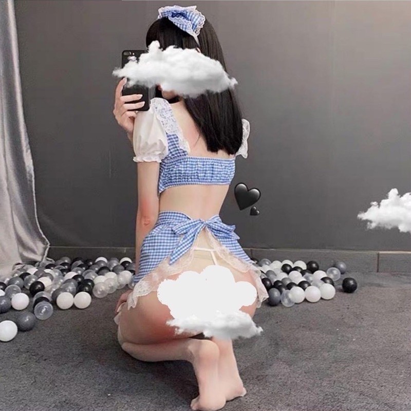 ME1284  Maid Set  Set Hầu Gái Váy Kẻ Xanh Ngây Thơ Kèm Bờm Nơ Siêu Xinh | Cosplay Sexy