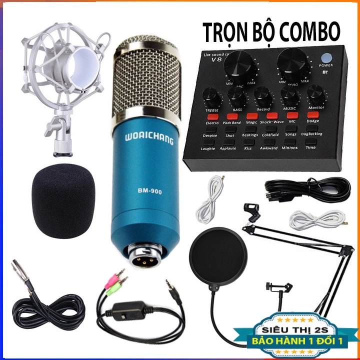 Combo mic thu âm BM900, dây livestream, giá đỡ, màn lọc âm và Soundcard V8