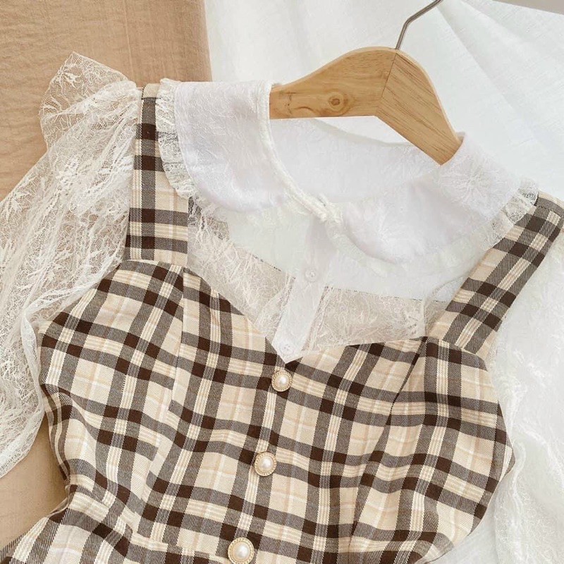 Sét yếm caro sơmi tay loe cực xinh 🥰🥰
