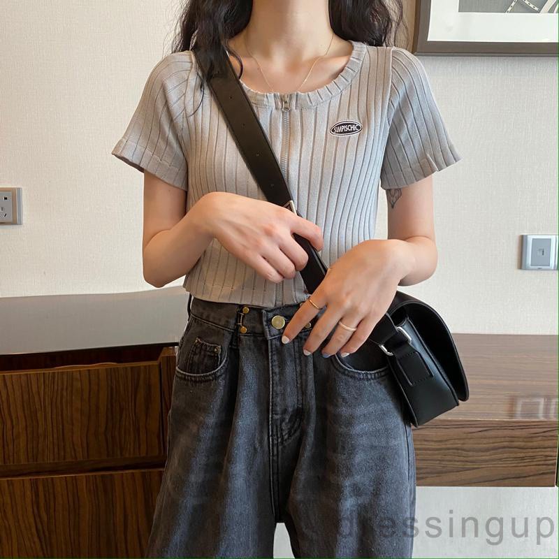 Áo Thun Tay Ngắn Có Khóa Kéo Thêu Chữ Quyến Rũ Dành Cho Nữ