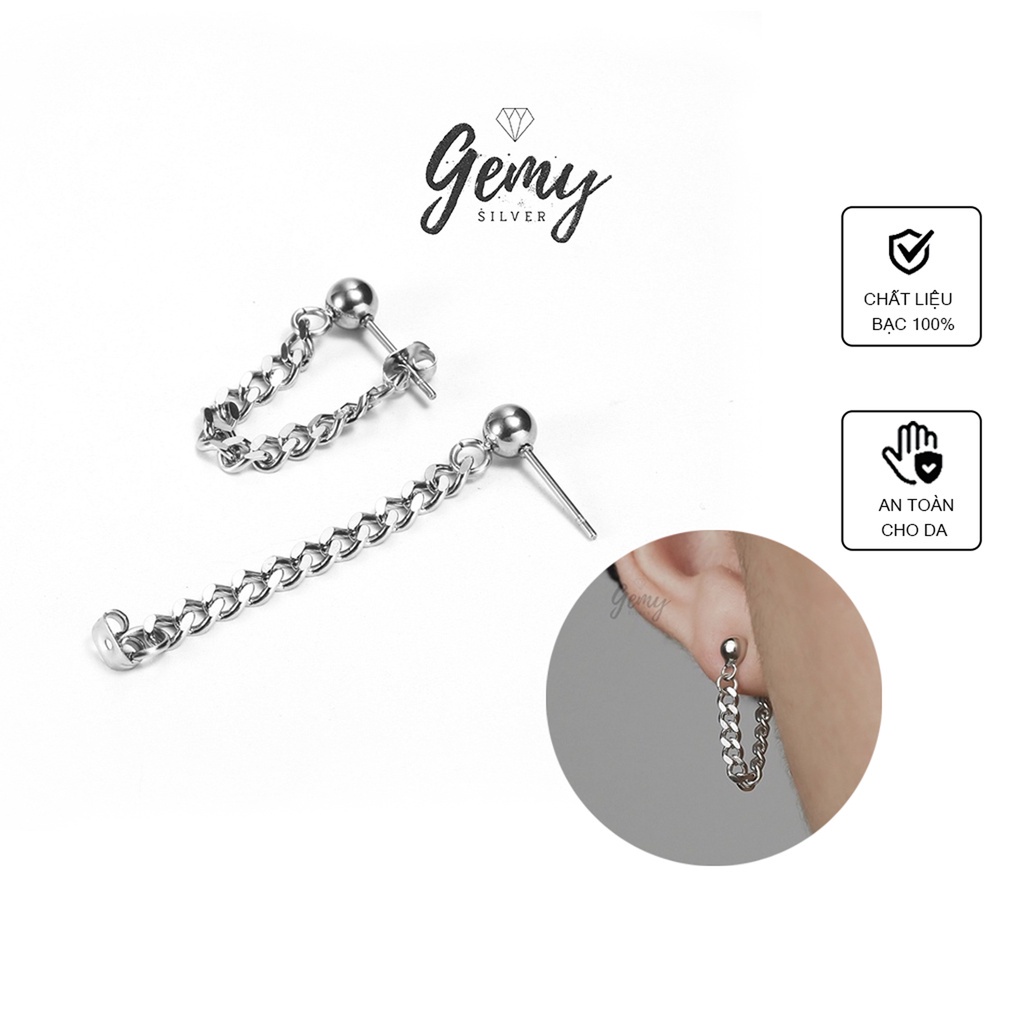 Khuyên tai nam bạc nguyên chất mắt xích dài độc đáo, unisex (1 chiếc) | GEMY SILVER KN45