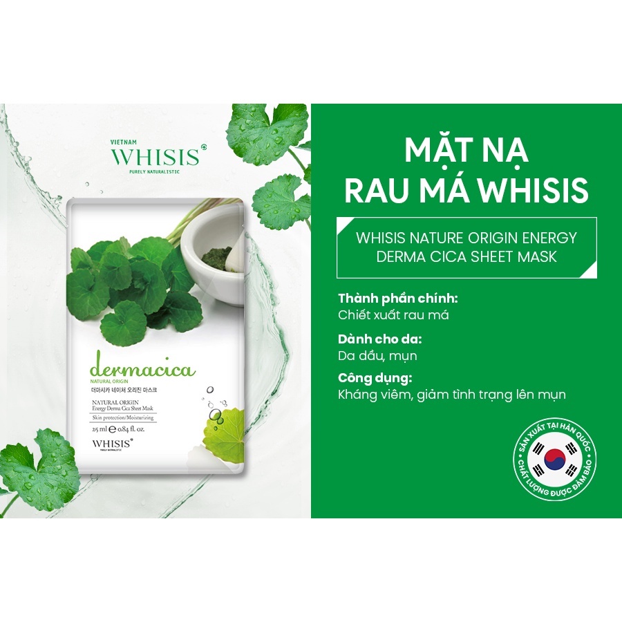 Combo 10 Mặt Nạ Rau Má WHISIS Nature Origin Energy Derma Cica Tái Tạo Da Giúp Giảm Nám Và Sẹo 25ml/miếng