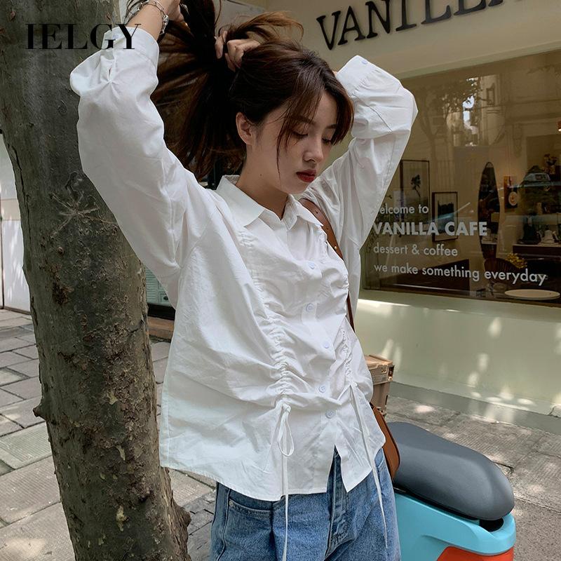Áo sơ mi trắng dài tay phối dây rút phong cách Hàn Quốc cho nữ