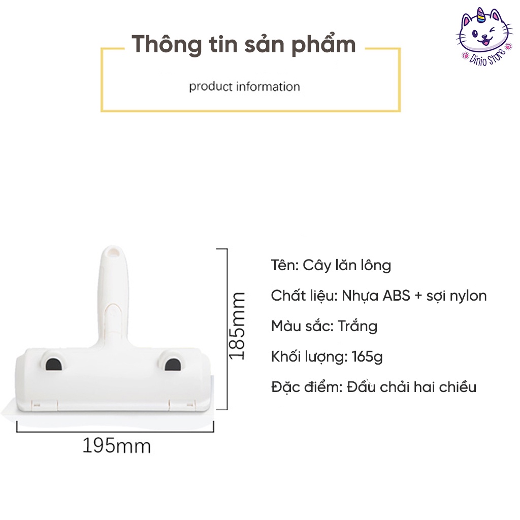 Cây Lăn Lông Mèo Diniopet cho Chó Mèo KHÔNG DÙNG ĐIỆN, PIN, Cây lăn bụi tĩnh điện hút bụi lông thú cưng Pet