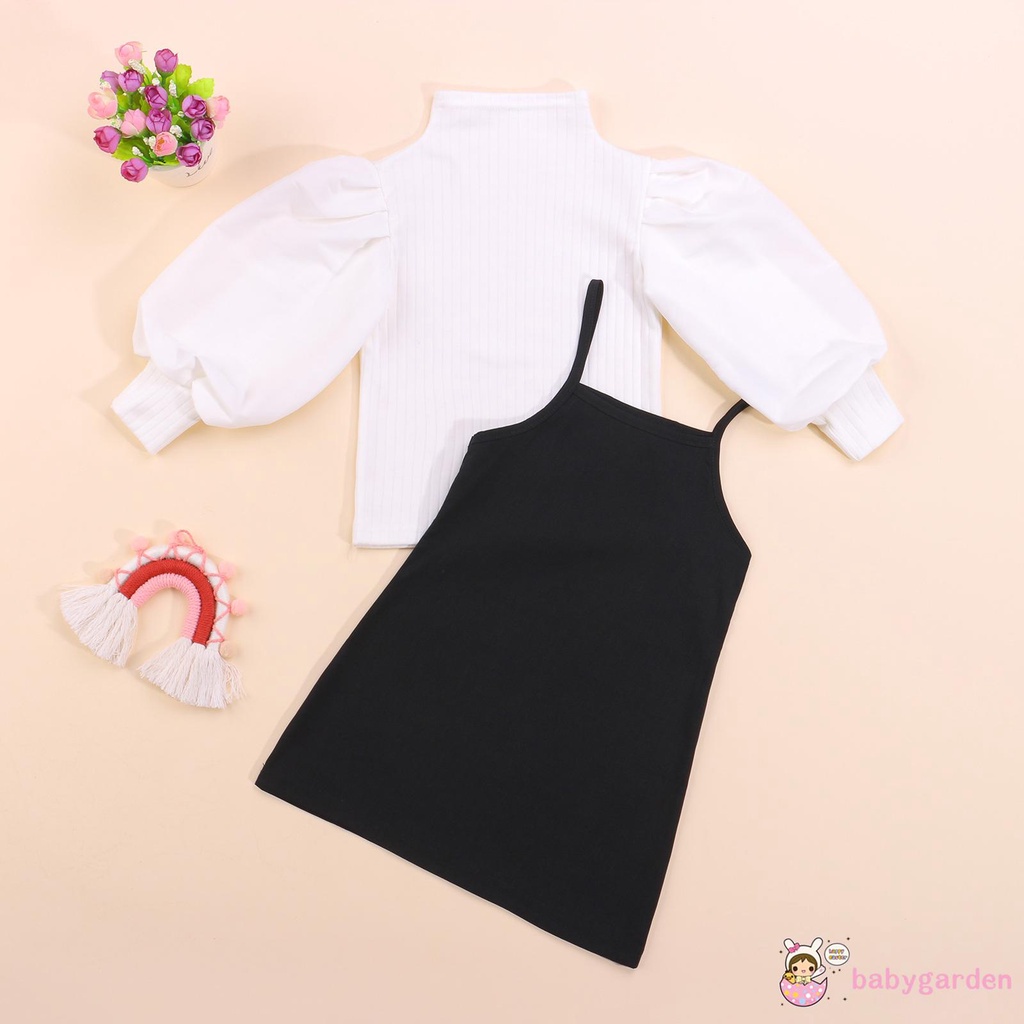 Bộ áo tay phồng dài màu trơn + đầm hai dây thoải mái cho bé gái 1-6 tuổi