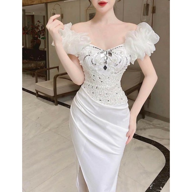 Đầm bẹt tay nhúng phồng kết đá gương (ảnh thật) phù hợp đi chơi, dạo, tiệc, sinh nhật, concept, prom - NUT's Wedding