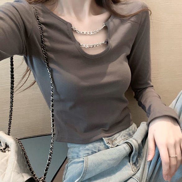Women's 95 Cotton Short Chain Long-Sleeved T-shirt 2022 Inner Fit Sexy Top Insfashion