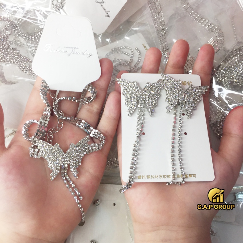 Vòng cổ choker khuyên tai nữ hình Bướm đính đá lấp lánh kim cương nhân tạo - 0III5-0VII0