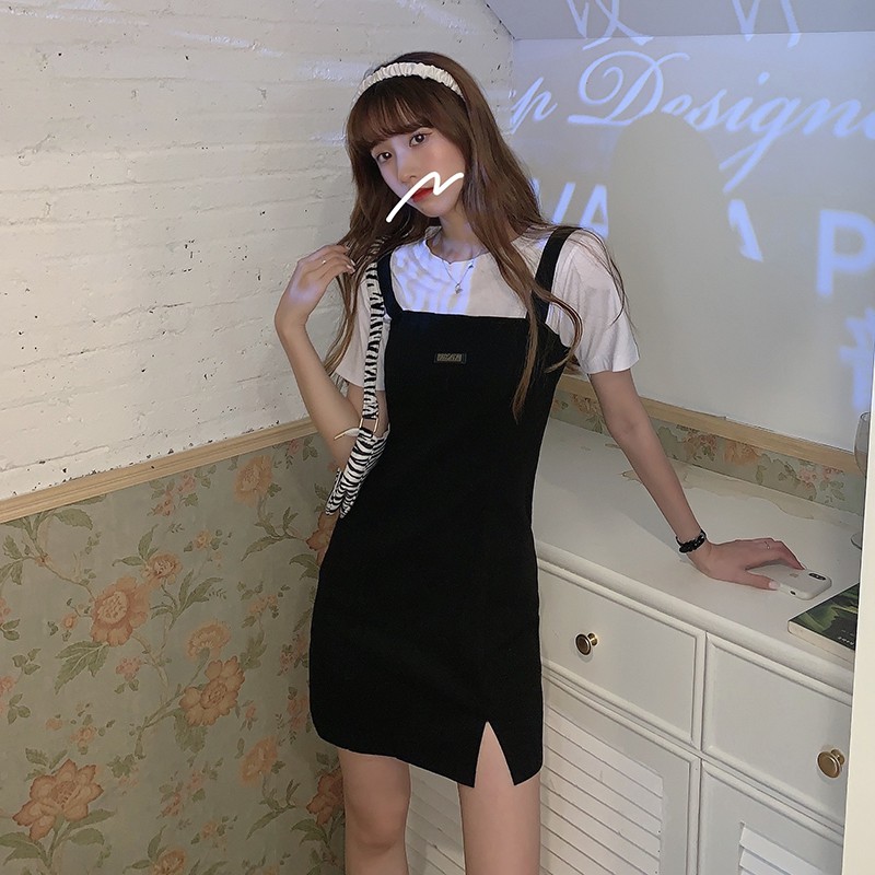 Xiaozhainv Set Áo Thun Ngắn Tay + Đầm Yếm Thời Trang Hàn Quốc Cho Nữ