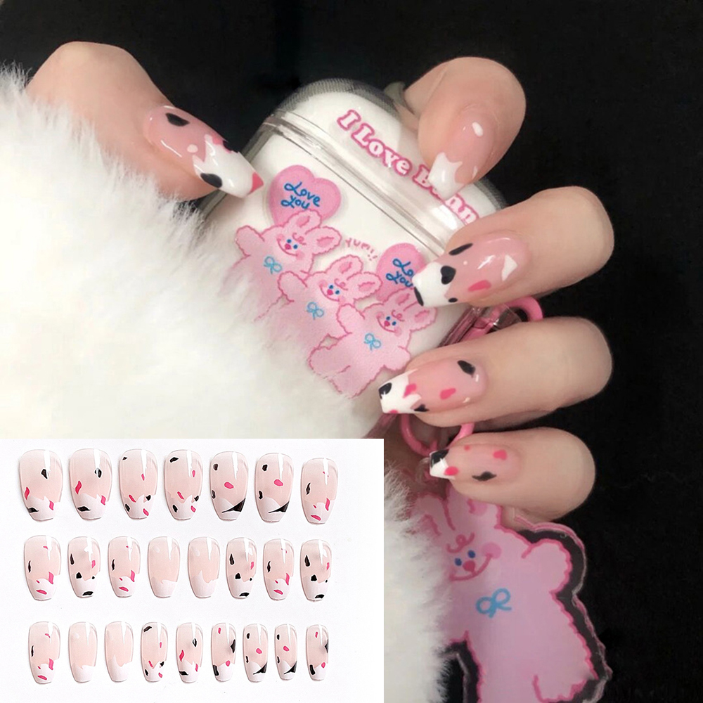 [Hàng mới về] Hộp 24 móng tay giả ballerina có thể đeo vào tháo ra thiết kế che toàn móng họa tiết bò sữa kèm keo ấn