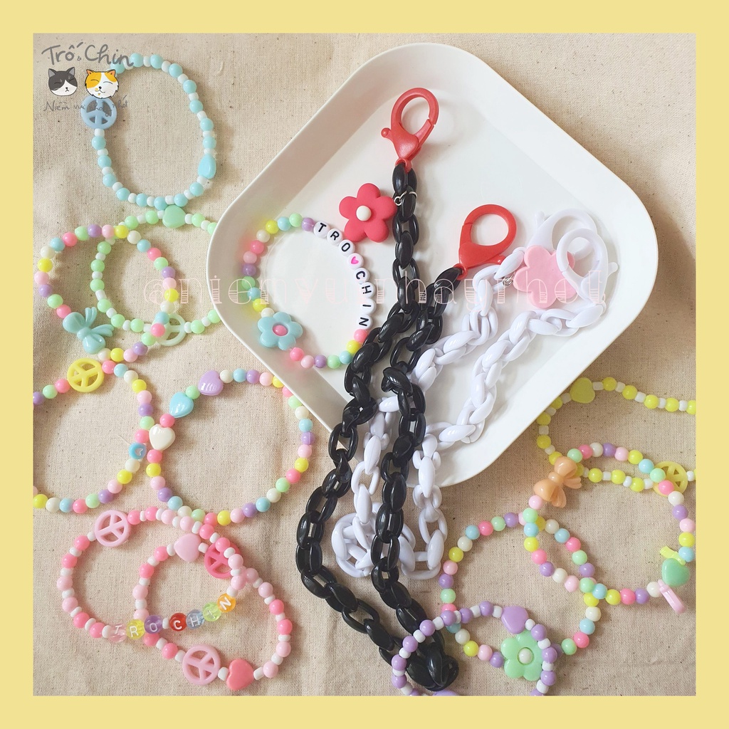 [HANDMADE] Vòng tay xâu hạt nhiều màu charm Hoa, Nơ, Peace, Trái tim (nhận gắn tên custom theo yêu cầu)