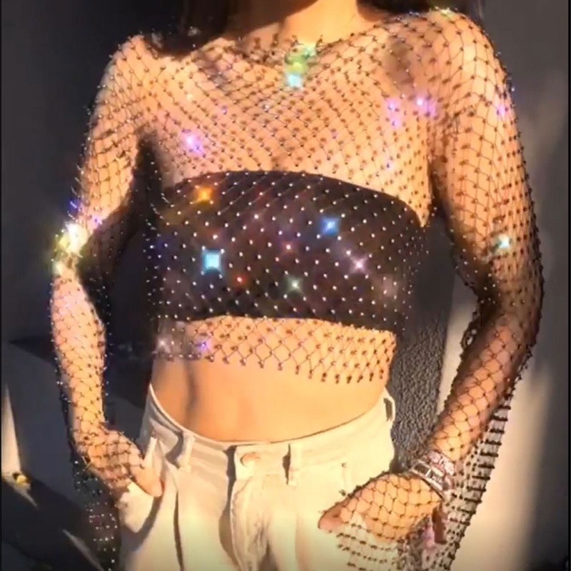 Brroa Áo Crop Top Lưới Rỗng Xuyên Thấu Đính Kim Cương Khoét Rỗng Cho Nữ Đi Biển Câu Lạc Bộ Club