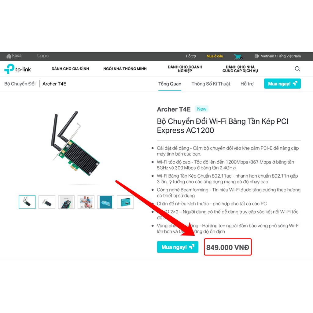 TP-LINK AC 1200Mbps Bộ Chuyển Đổi Wi-Fi Băng Tần Kép PCI Express  - Archer T4E - Hàng Chính Hãng
