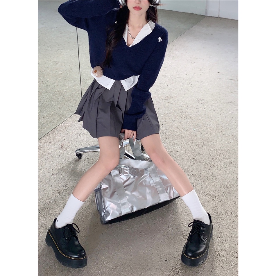 Áo croptop QKOOLE dài tay cổ chữ V xinh xắn phong cách Hàn Quốc dành cho nữ