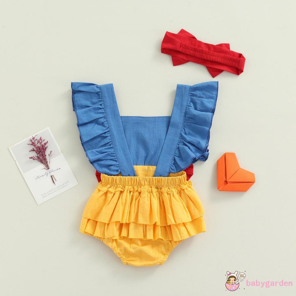 Bộ áo liền quần cổ vuông hở lưng + băng đô in chữ thời trang mùa hè dễ thương cho bé gái 0-18 tháng tuổi