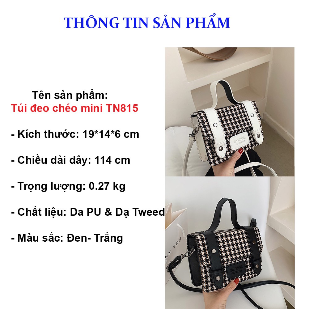 Túi xách nữ TN814, túi đeo chéo mini da PU phối dạ tweed kẻ độc đáo, cá tính