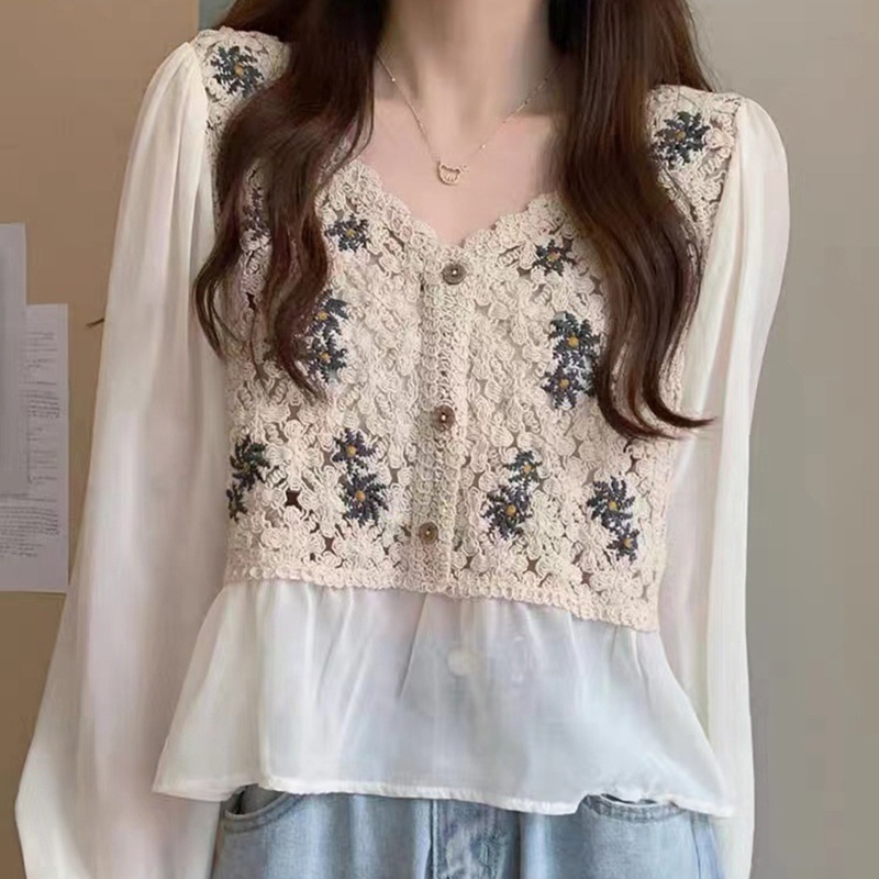 Áo Sơ Mi Chiffon Tay Phồng Cổ Chữ V Thêu Hoa Cúc Thanh Lịch Cho Nữ