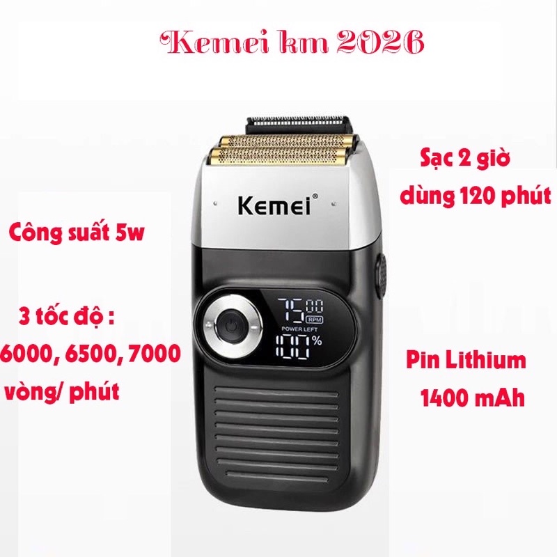Máy cạo râu Kemei 2026 Có Dao Cắt Râu Dài Công suất 5W Cạo Sát Không Rát Sạch Gọn