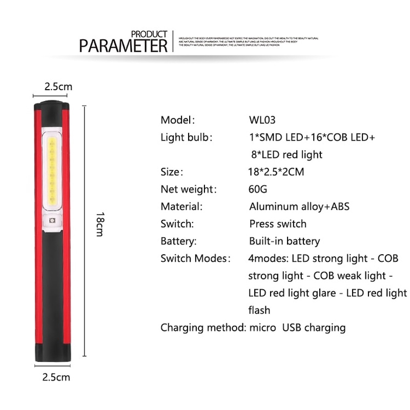 Công việc nhẹ LED COB USB đèn pin trắng và đỏ có thể thu vào để kiểm tra ánh đèn sân khấu đèn tay