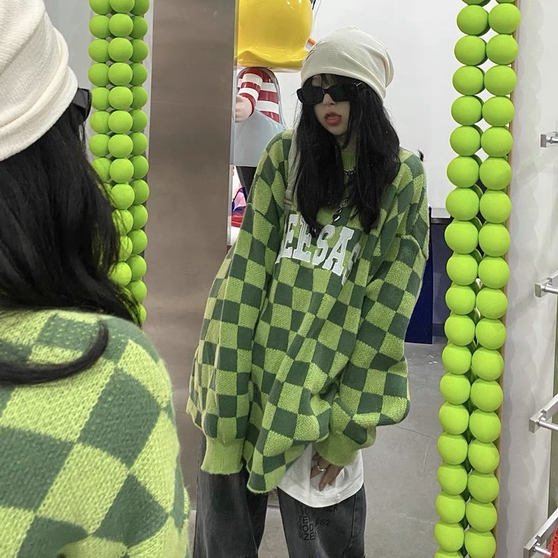 Áo len hoạ tiết bàn cờ hot tiktok douyin ulzzang