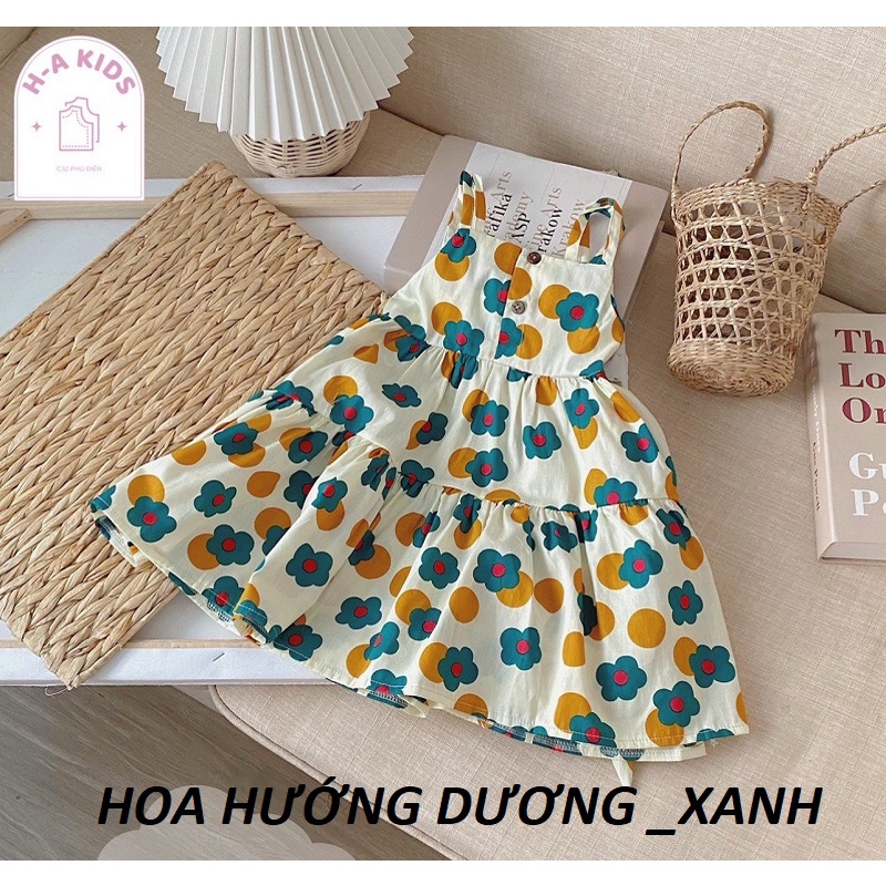 Váy bé gái 2 dây hoa hồng hở lưng 4 mầu Xanh,Vàng và Hồng XHN873