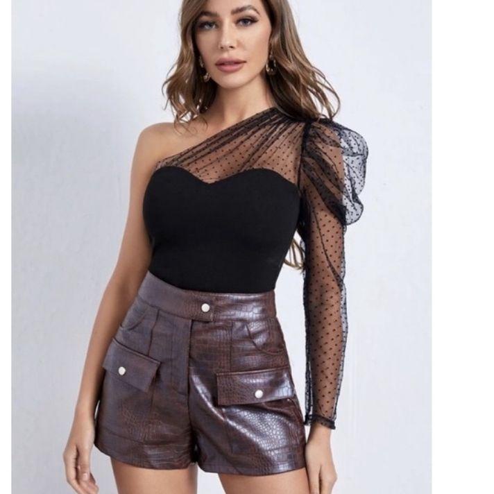 ↪ Top Một Bên Vai Kết Hợp Chấm Bi / Áo TARZAN Top / Tiệc Đẹp / Tiệc Tùng Quyến Rũ