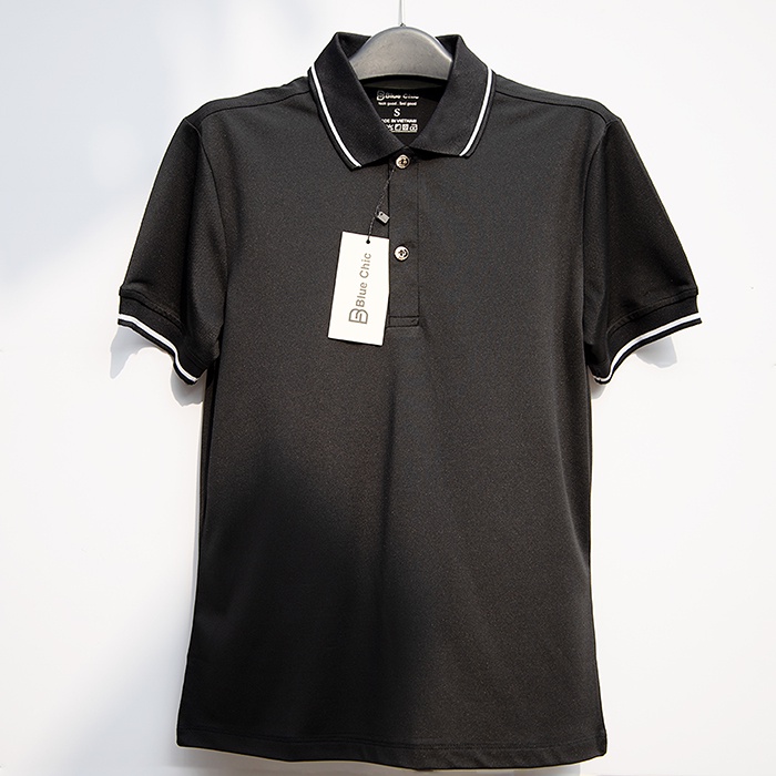 Áo Polo Đen Nam Đẹp BLUECHIC Cổ Đen Bẻ Chất Liệu Poly Cá Sấu Cao Cấp Tay Áo Sọc Sang Trọng Lịch Lãm NF001