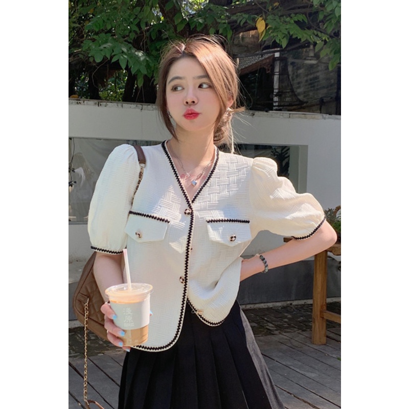Áo kiểu nữ Hàn Quốc đẹp tay ngắn Cổ tim Áo sơ mi nữ kiểu Ngắn tay cổ V tiểu thư thời trang