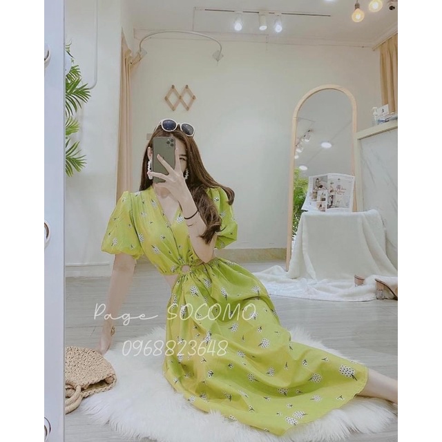 váy đũi hoa màu xanh cốm cut eo tay bồng