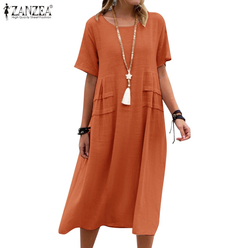 Đầm dài ZANZEA cổ tròn tay ngắn xếp ly thời trang cho nữ